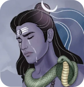 Lord shiva with tears in his eyes and a snake around his neck, resembles the origin of rudraksha during his meditation